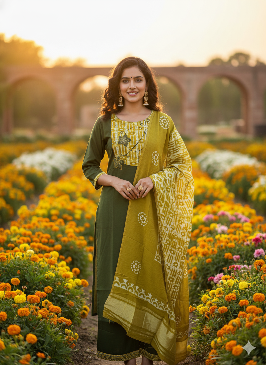 Premium Cotton 3-Piece Set for Women with Flower Design & Thread Work and Printed designs in Silk Cotton Dupatta