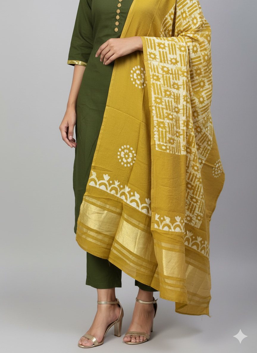 Premium Cotton 3-Piece Set for Women with Flower Design & Thread Work and Printed designs in Silk Cotton Dupatta