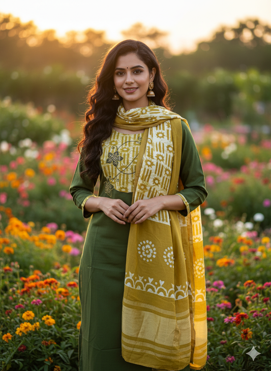 Premium Cotton 3-Piece Set for Women with Flower Design & Thread Work and Printed designs in Silk Cotton Dupatta