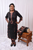 Beautiful 3-Piece Set in Black Background with Flower Patch Work in Yoke & Sleeves and Flower Design in Pant & Dupatta