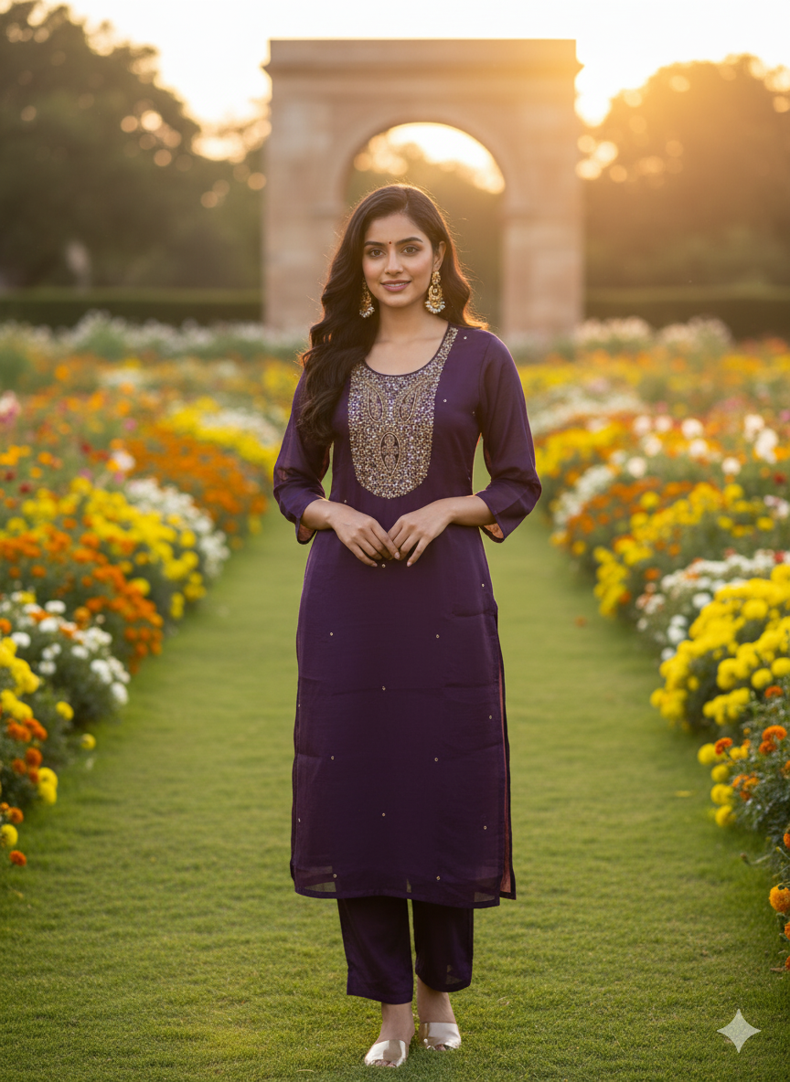 Party Wear 3-Piece Set in Purple Color with heavy Chumiki Work in Yoke. It comes with Similar design in Dupatta.