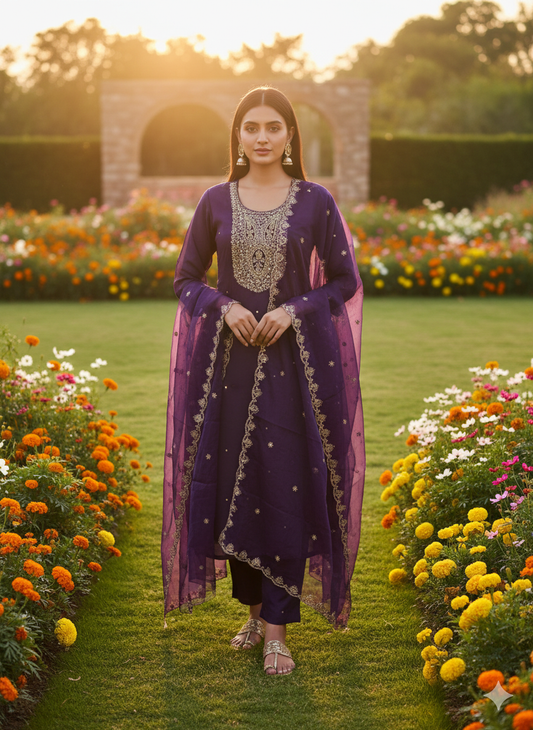 Party Wear 3-Piece Set in Purple Color with heavy Chumiki Work in Yoke. It comes with Similar design in Dupatta.