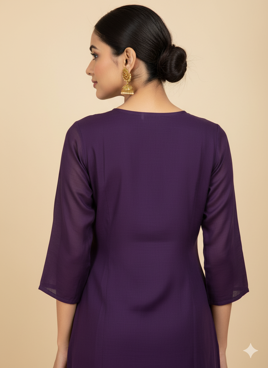 Party Wear 3-Piece Set in Purple Color with heavy Chumiki Work in Yoke. It comes with Similar design in Dupatta.