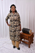 Elegant Co-Ord Set in Black Background with Yellow Flower Design and Leaf Prints in Pant