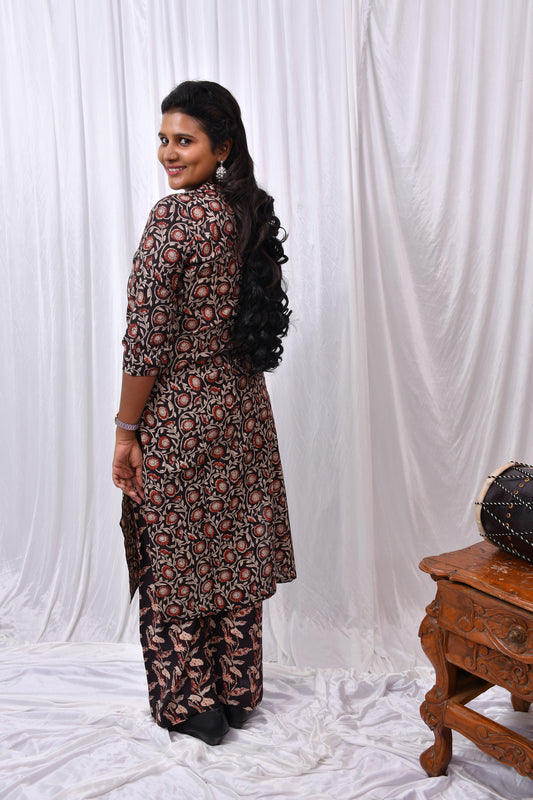 Elegant Co-Ord Set in Black Background with Dark Red Flower Design and Leaf Prints in Pant