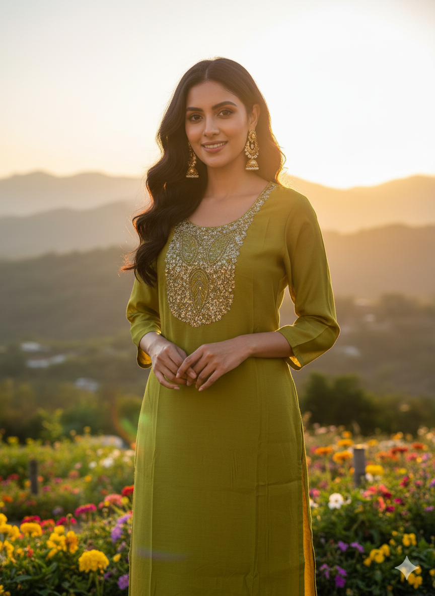 Party Wear 3-Piece Set in Green Color with heavy Chumiki Work in Yoke. It comes with Similar design in Dupatta.