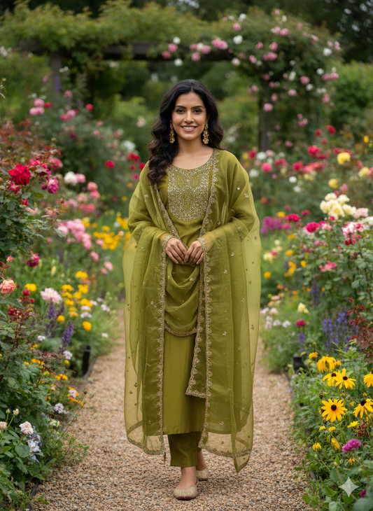 Party Wear 3-Piece Set in Green Color with heavy Chumiki Work in Yoke. It comes with Similar design in Dupatta.