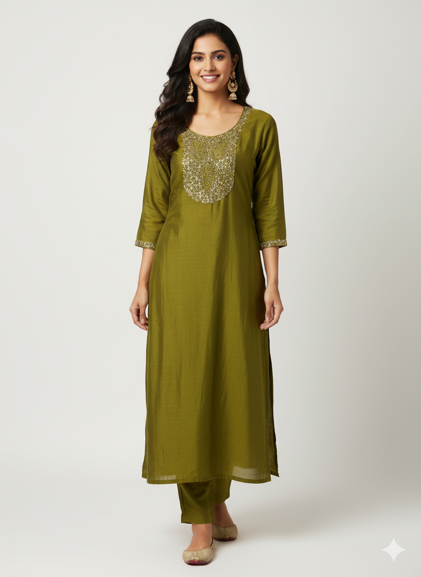 Party Wear 3-Piece Set in Green Color with heavy Chumiki Work in Yoke. It comes with Similar design in Dupatta.