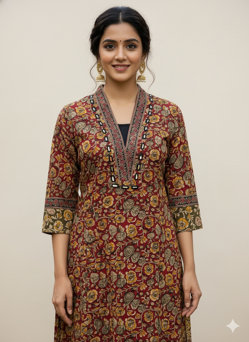 Elegant Cotton Kurthi with Ajarak Prints with V-Neck Printed Design Code-196