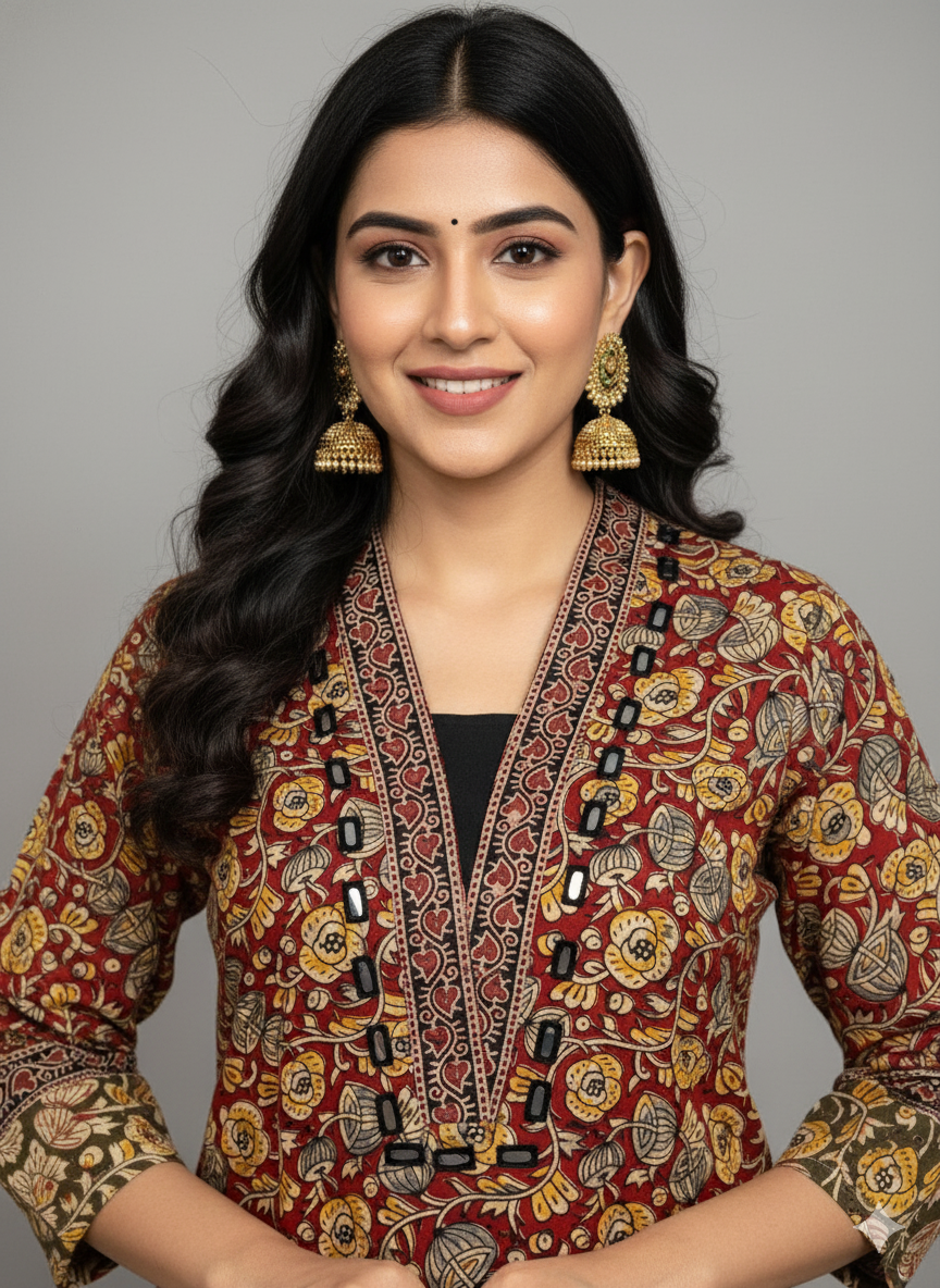 Elegant Cotton Kurthi with Ajarak Prints with V-Neck Printed Design Code-196