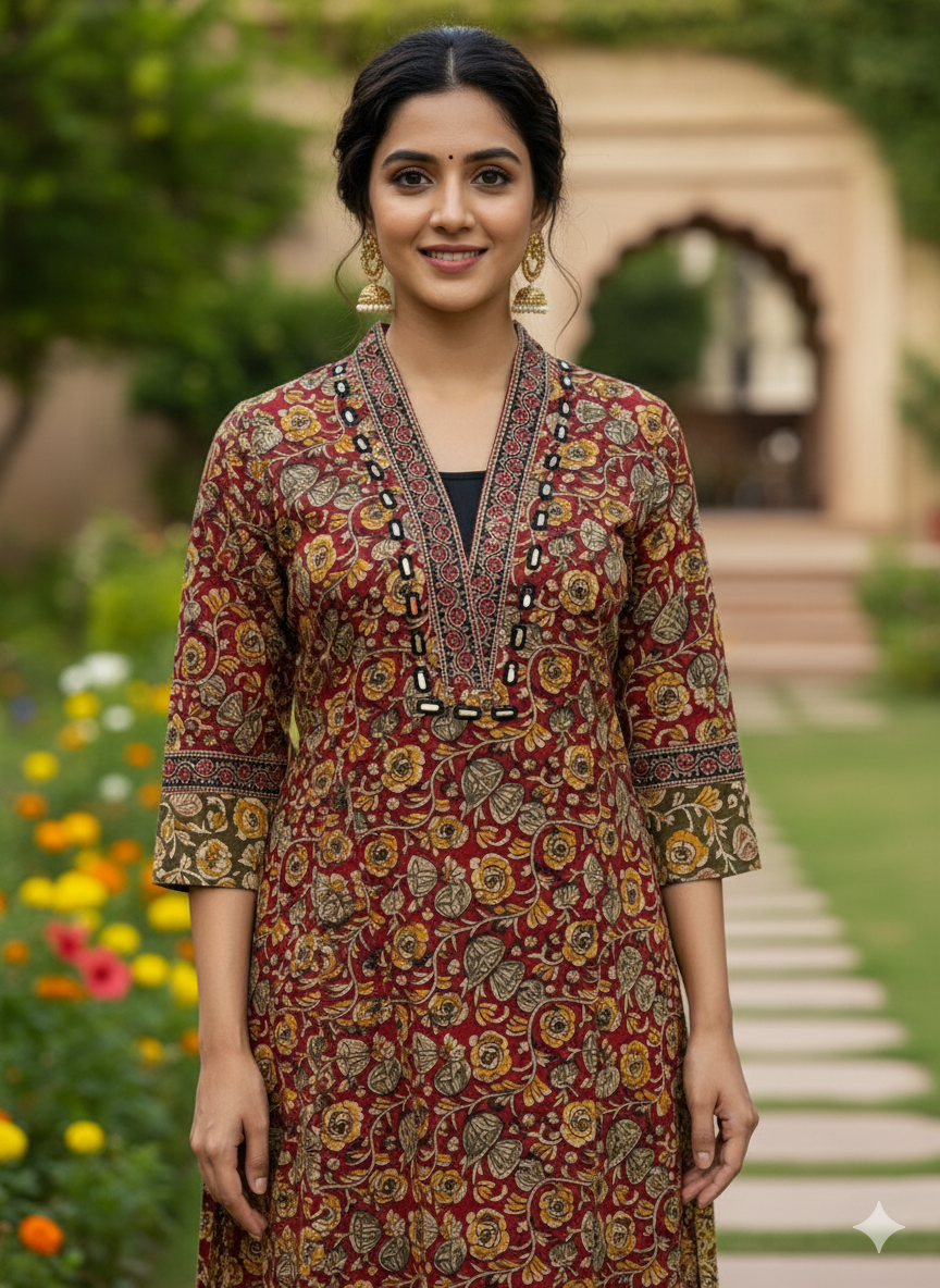 Elegant Cotton Kurthi with Ajarak Prints with V-Neck Printed Design Code-196