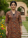 Elegant Cotton Kurthi with Ajarak Prints with V-Neck Printed Design Code-196