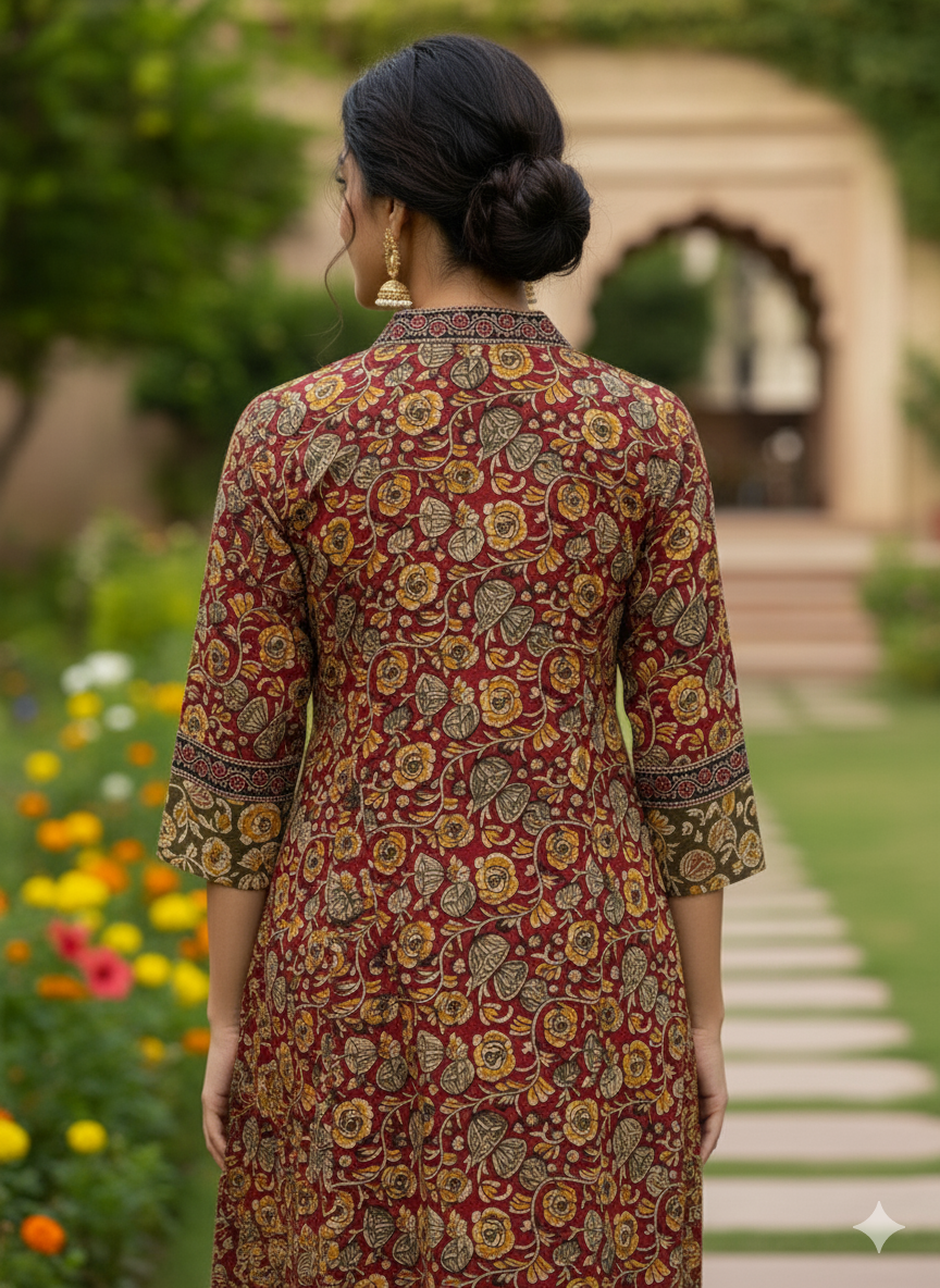 Elegant Cotton Kurthi with Ajarak Prints with V-Neck Printed Design Code-196