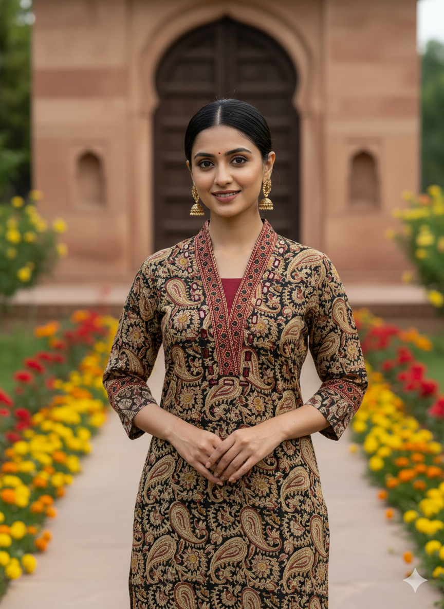 Elegant Cotton Kurthi with Ajarak Prints with V-Neck Printed Designs Code-197