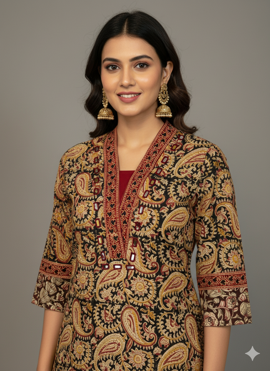 Elegant Cotton Kurthi with Ajarak Prints with V-Neck Printed Designs Code-197