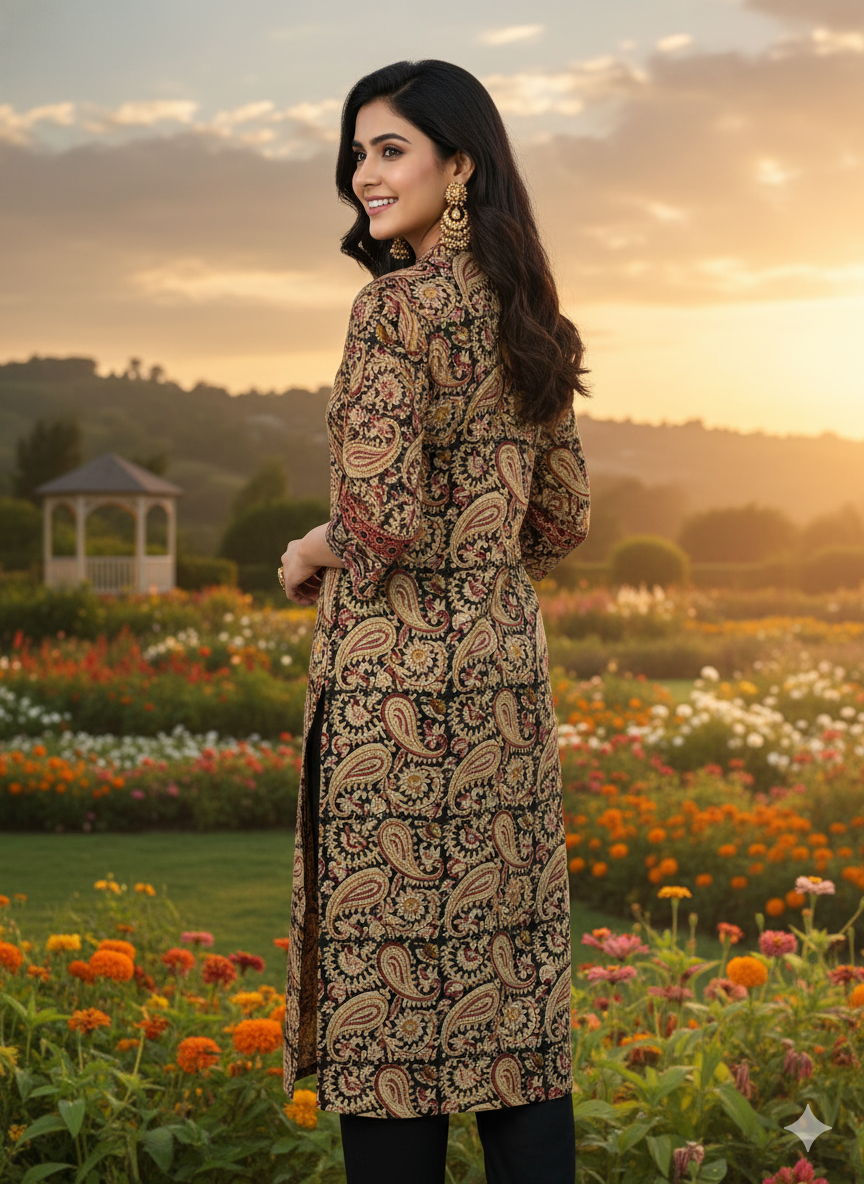 Elegant Cotton Kurthi with Ajarak Prints with V-Neck Printed Designs Code-197