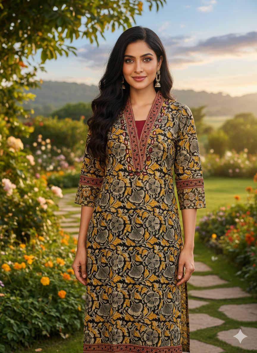 Beautiful Cotton Kurthi with Ajarak Prints with V-Neck Printed Design Code-199