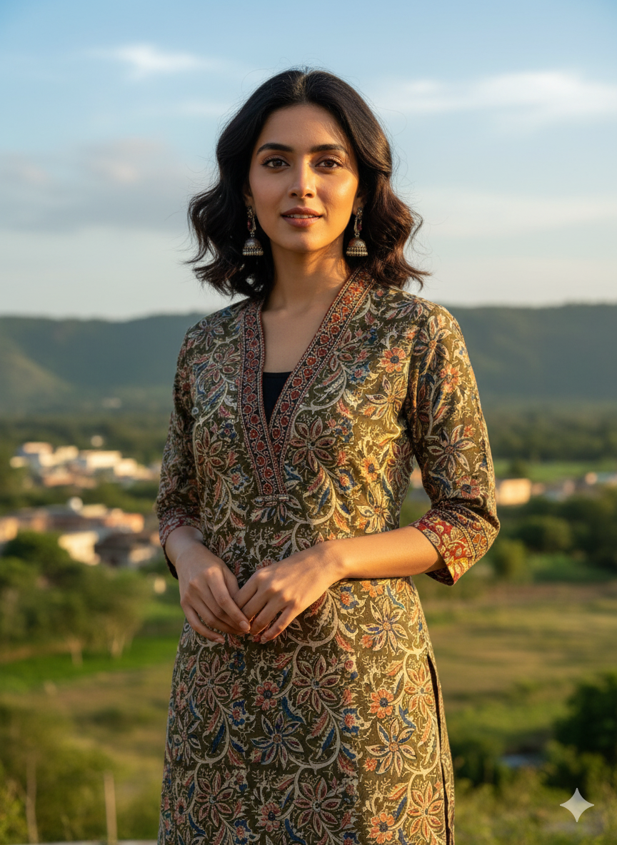 Beautiful Cotton Kurthi with Ajarak Prints with V-Neck Printed Designs Code-200