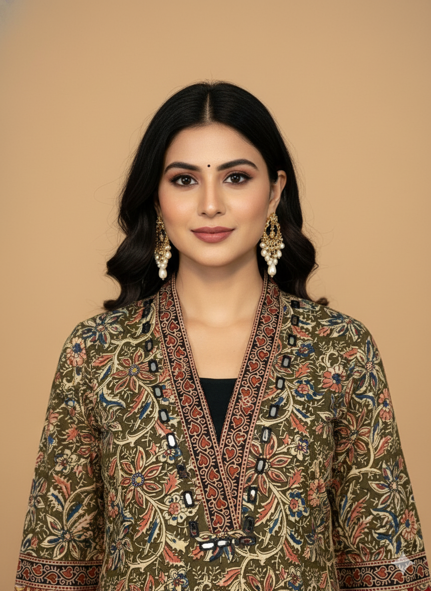 Beautiful Cotton Kurthi with Ajarak Prints with V-Neck Printed Designs Code-200