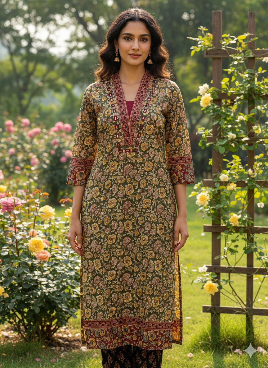 Beautiful Cotton Kurthi with Ajarak Prints with V-Neck Printed Designs Code-201