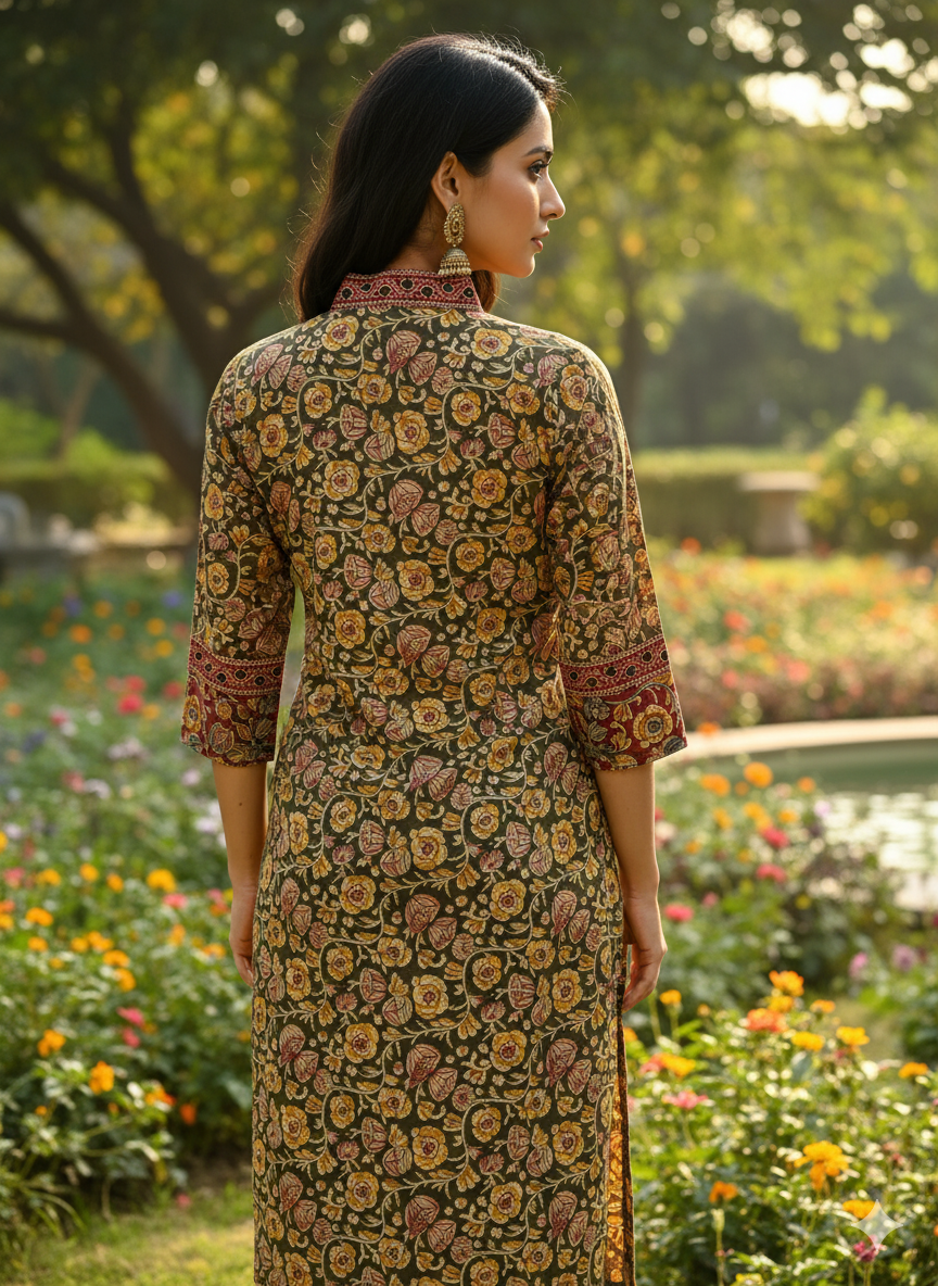 Beautiful Cotton Kurthi with Ajarak Prints with V-Neck Printed Designs Code-201