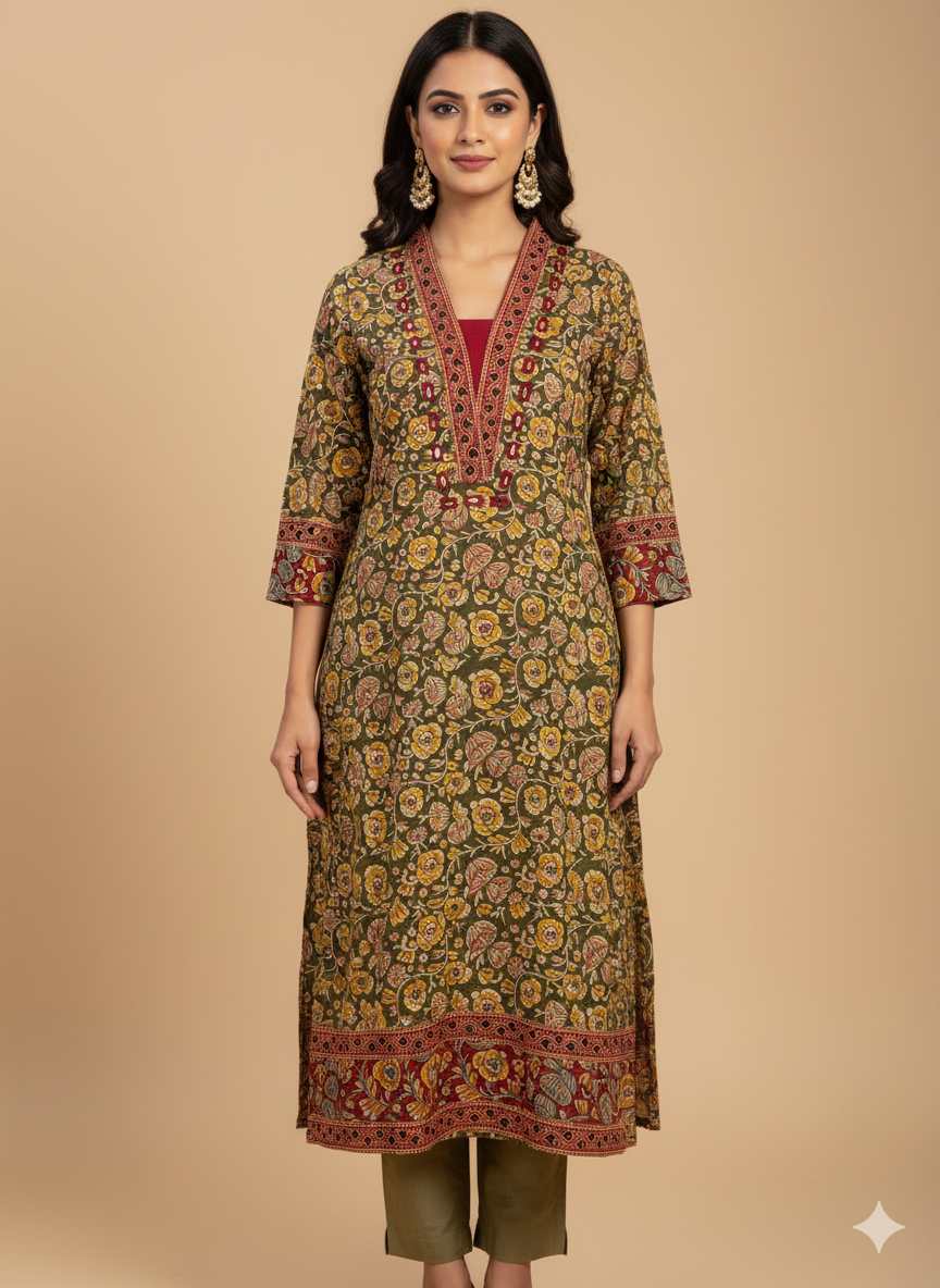 Beautiful Cotton Kurthi with Ajarak Prints with V-Neck Printed Designs Code-201