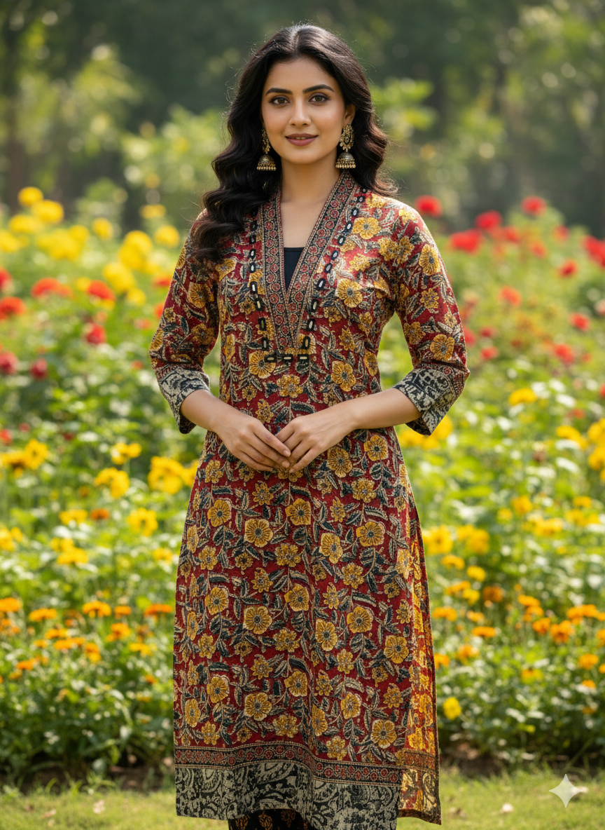 Beautiful Cotton Kurthi with Ajarak Prints with V-Neck Printed Designs Code-202