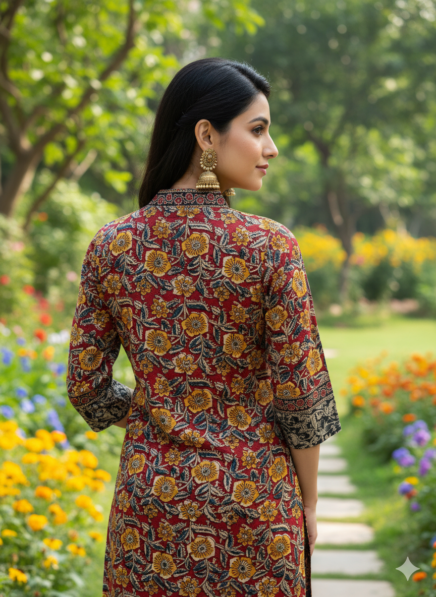 Beautiful Cotton Kurthi with Ajarak Prints with V-Neck Printed Designs Code-202