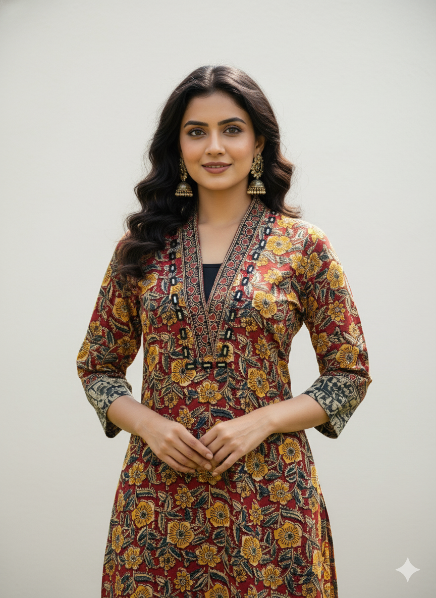 Beautiful Cotton Kurthi with Ajarak Prints with V-Neck Printed Designs Code-202
