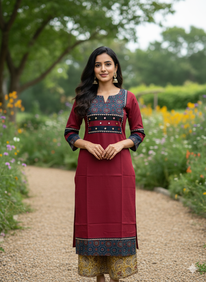 Beautiful Cotton Kurthi with Ajarak Prints in Yoke and in Sleeve Code-203