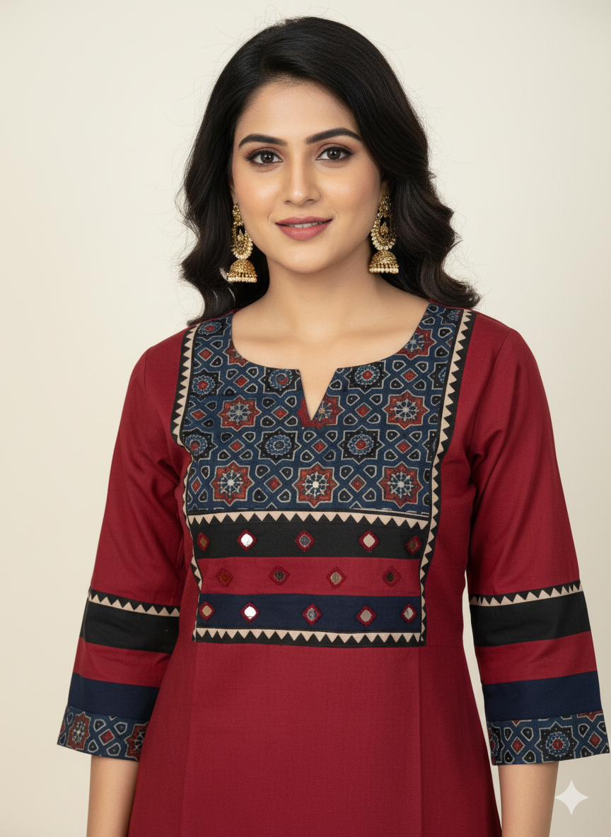 Beautiful Cotton Kurthi with Ajarak Prints in Yoke and in Sleeve Code-203