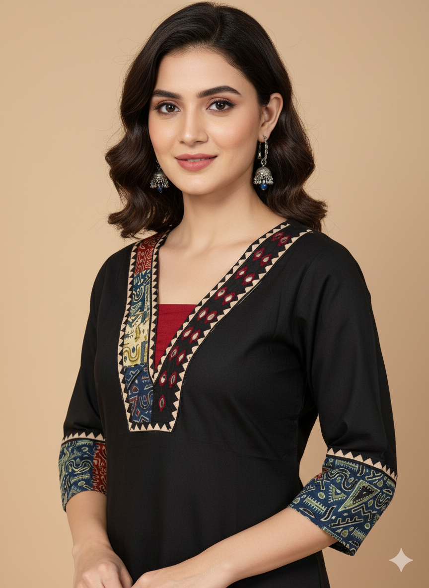 Beautiful Cotton Kurthi with Ajarak Prints in Yoke and in Sleeve Code-204
