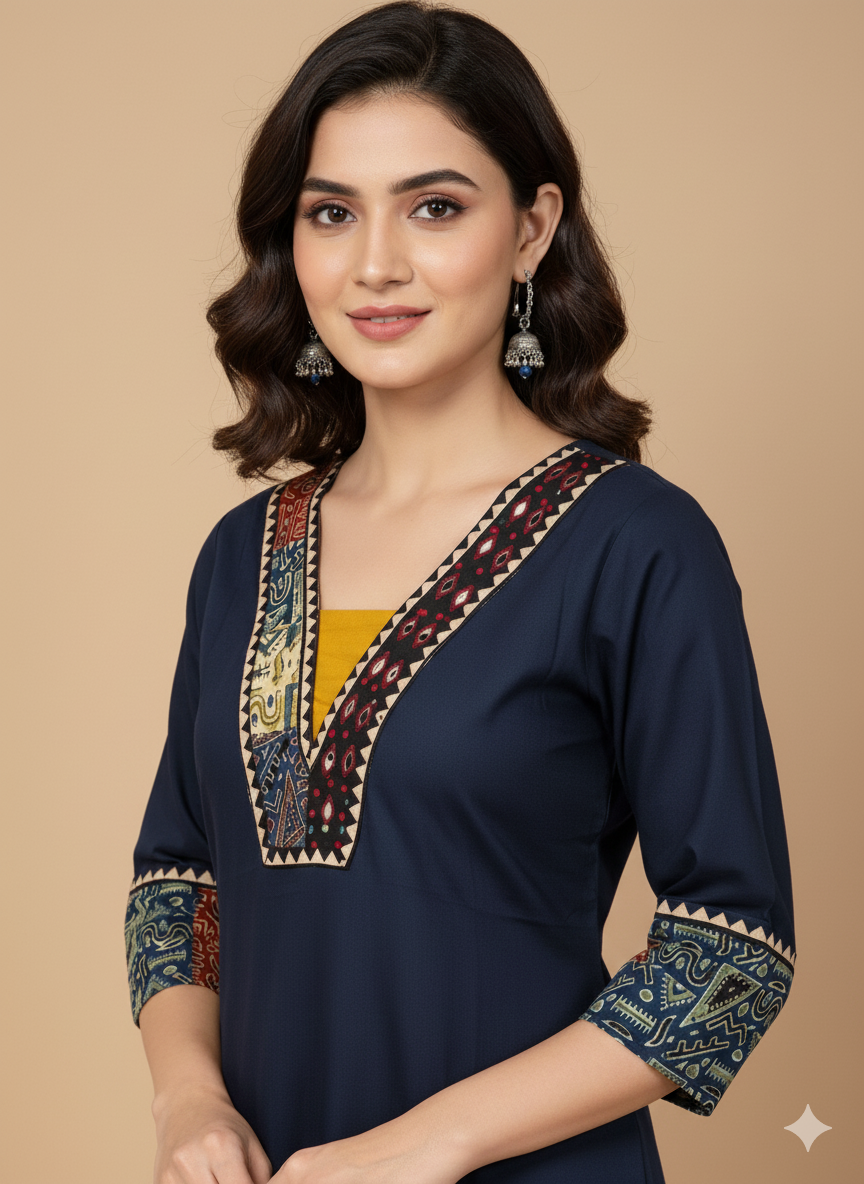 Beautiful Cotton Kurthi with Ajarak Prints in Yoke and in Sleeve Code-204