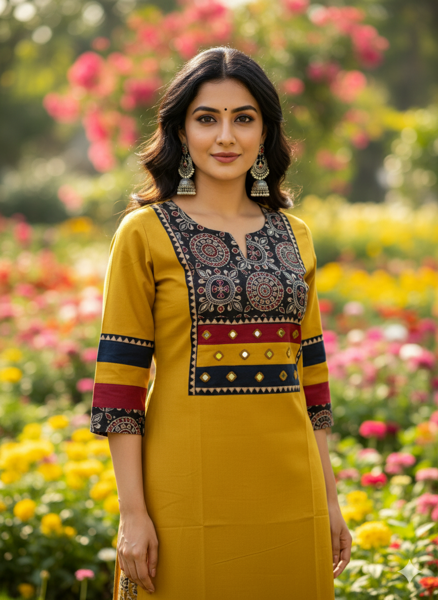 Beautiful Cotton Kurthi with Ajarak Prints in Yoke and in Sleeve Code-205