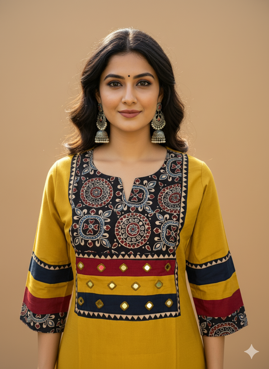 Beautiful Cotton Kurthi with Ajarak Prints in Yoke and in Sleeve Code-205