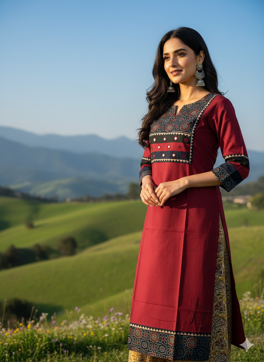 Beautiful Cotton Kurthi with Ajarak Prints in Yoke and in Sleeve Code-207