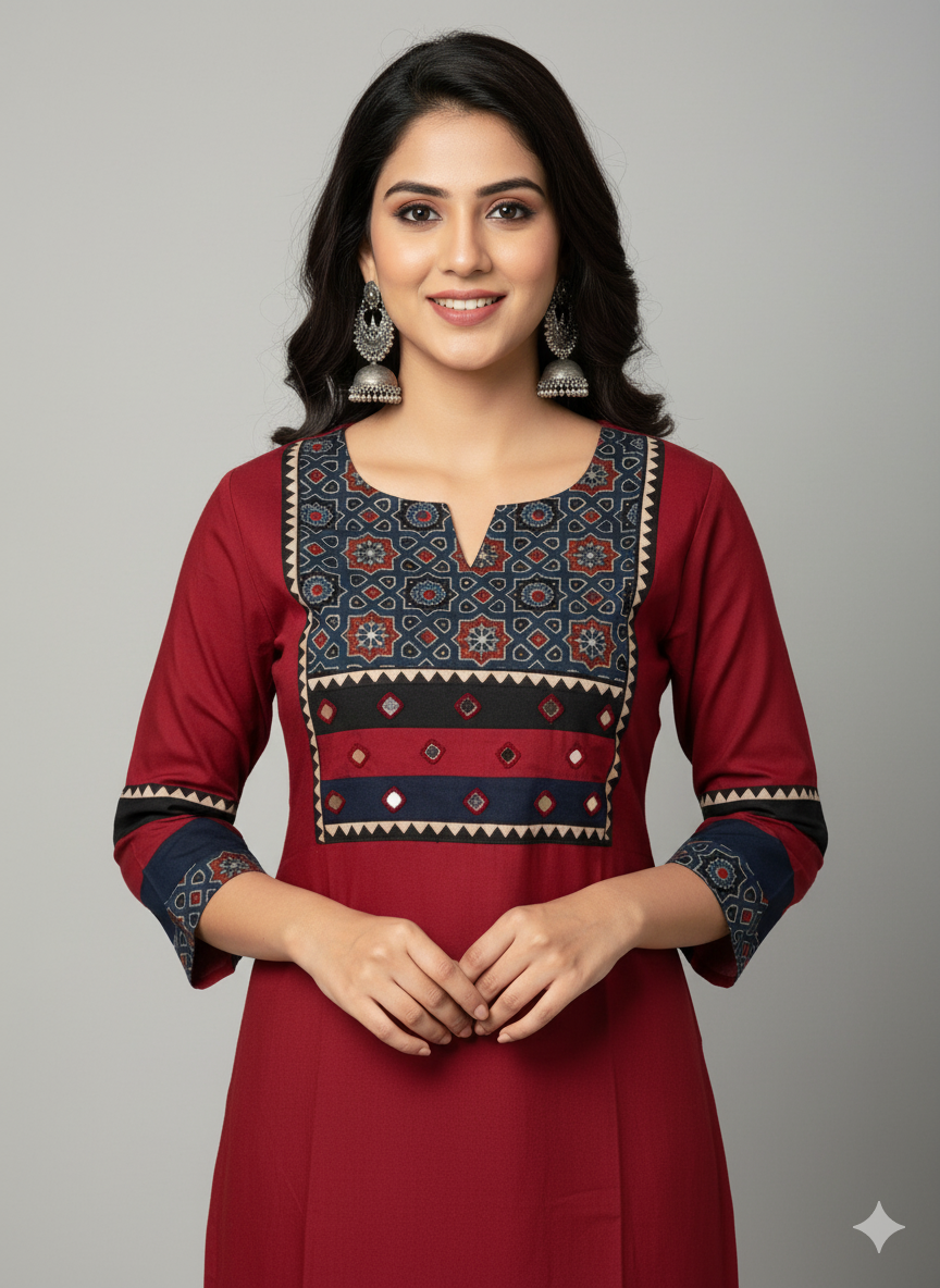 Beautiful Cotton Kurthi with Ajarak Prints in Yoke and in Sleeve Code-207