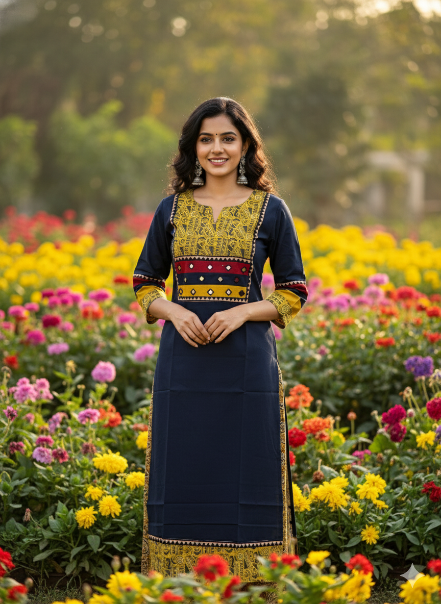 Beautiful Cotton Kurthi with Ajarak Prints in Yoke and in Sleeve Code-208