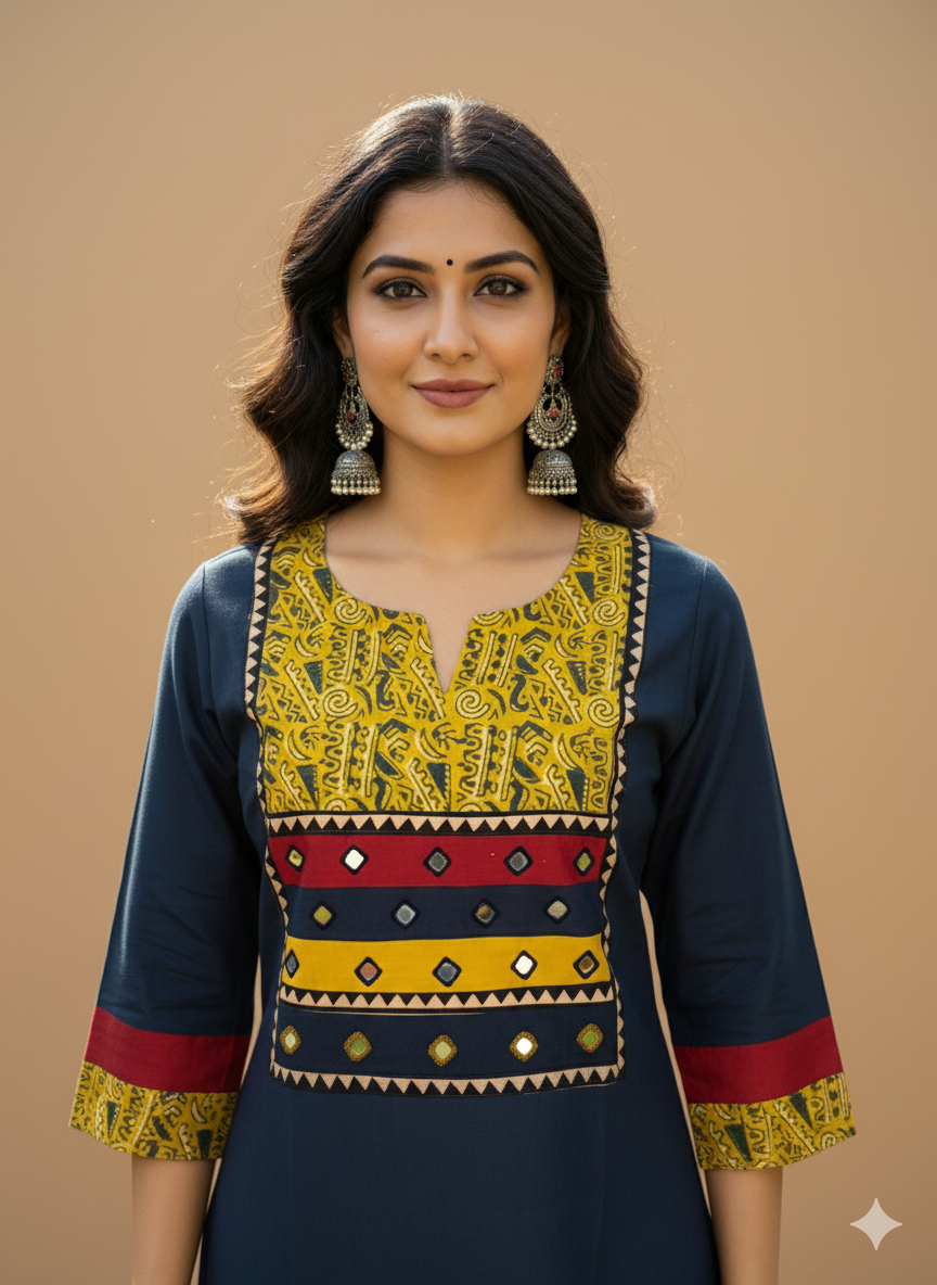 Beautiful Cotton Kurthi with Ajarak Prints in Yoke and in Sleeve Code-208