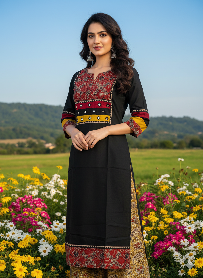 Beautiful Cotton Kurthi with Ajarak Prints in Yoke and in Sleeve Code-209