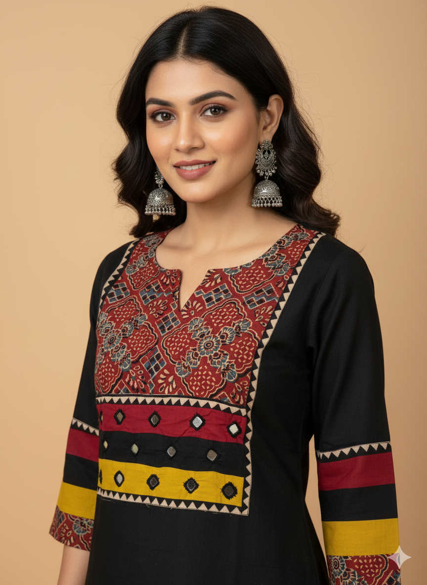 Beautiful Cotton Kurthi with Ajarak Prints in Yoke and in Sleeve Code-209