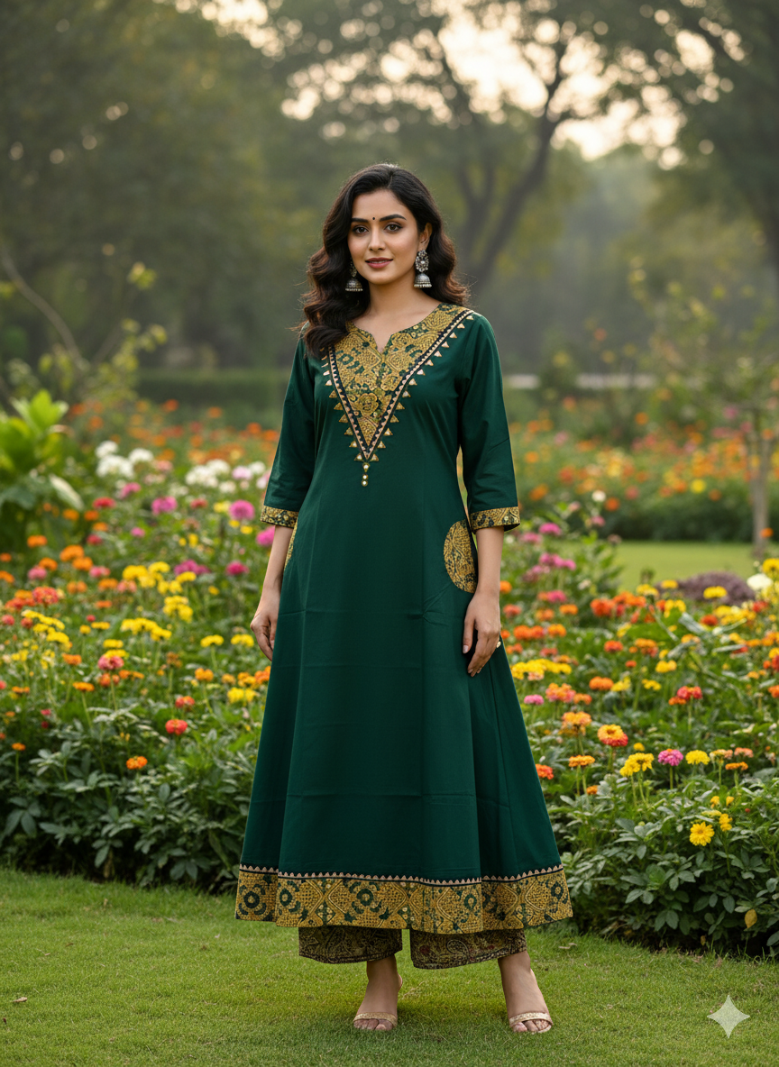Beautiful Cotton Kurthi with V-Shaped Ajarak Prints in Yoke and in Sleeve Code-210