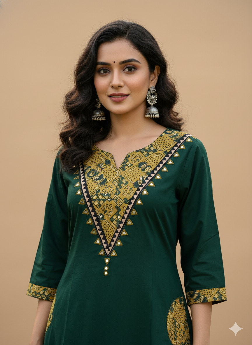 Beautiful Cotton Kurthi with V-Shaped Ajarak Prints in Yoke and in Sleeve Code-210