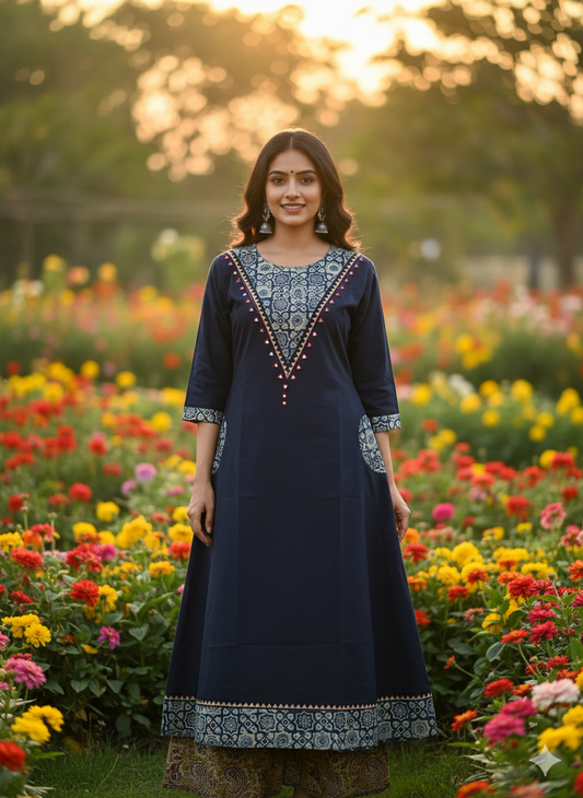 Beautiful Cotton Kurthi with V-Shaped Ajarak Prints in Yoke and in Sleeve Code-211