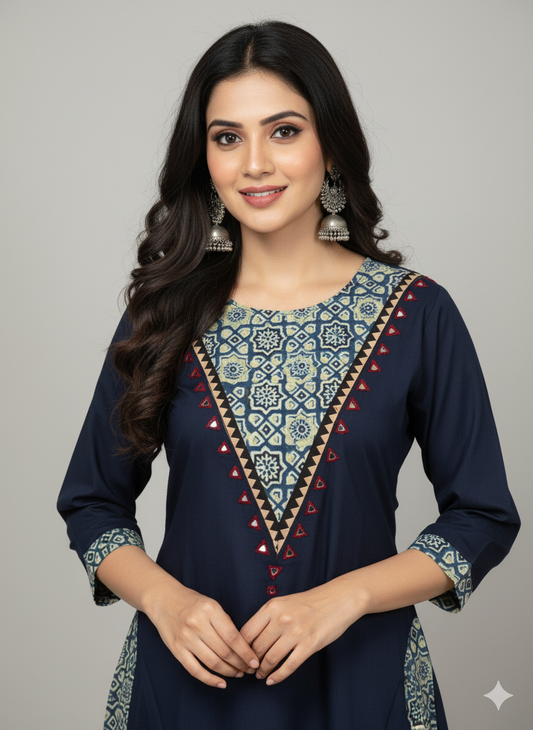 Beautiful Cotton Kurthi with V-Shaped Ajarak Prints in Yoke and in Sleeve Code-211