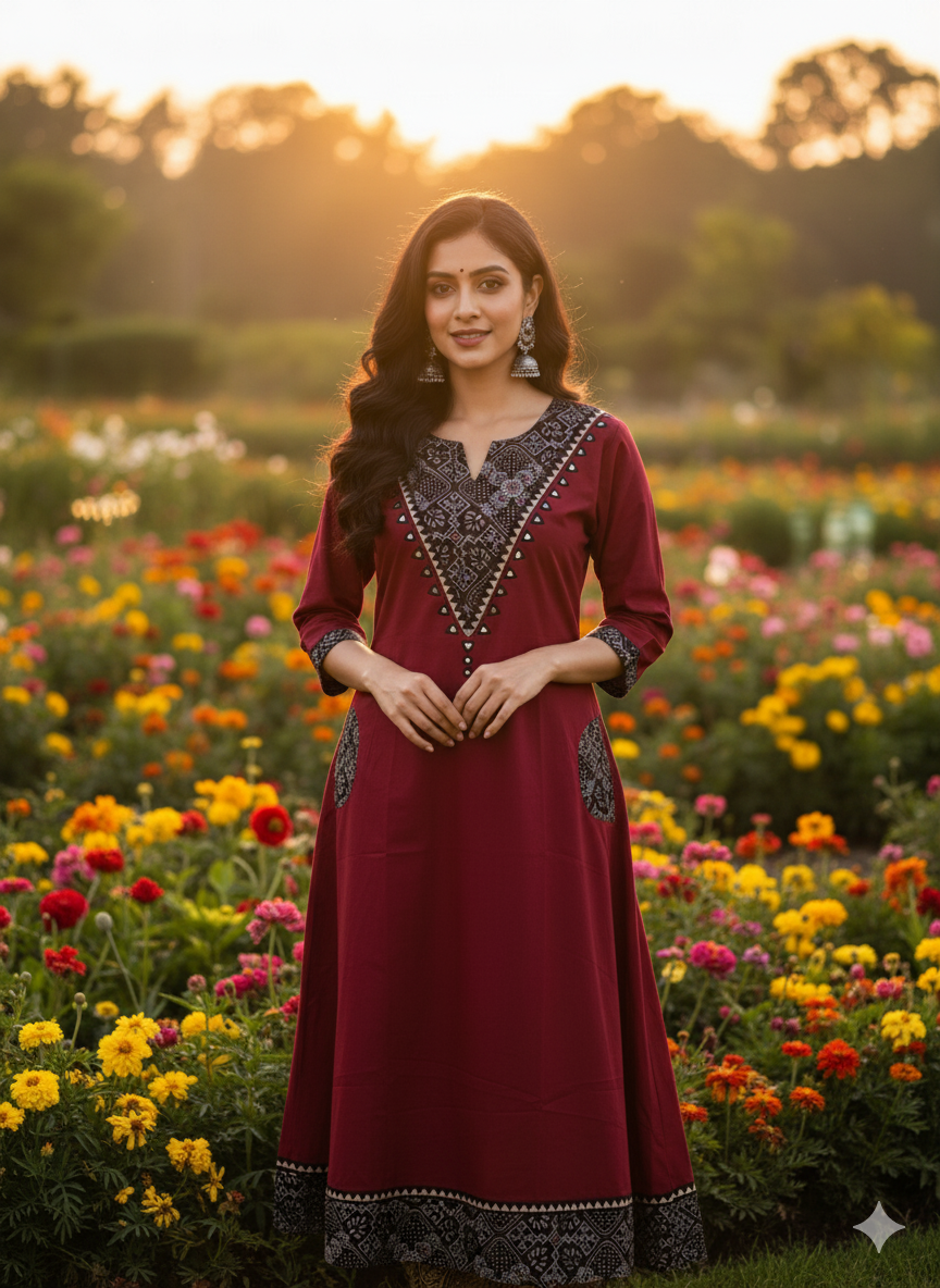 Beautiful Cotton Kurthi with V-Shaped Ajarak Prints in Yoke and in Sleeve Code-212