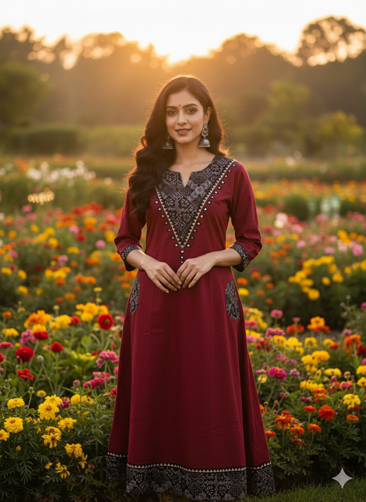 Beautiful Cotton Kurthi with V-Shaped Ajarak Prints in Yoke and in Sleeve Code-212