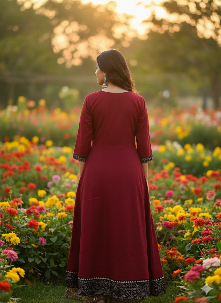 Beautiful Cotton Kurthi with V-Shaped Ajarak Prints in Yoke and in Sleeve Code-212