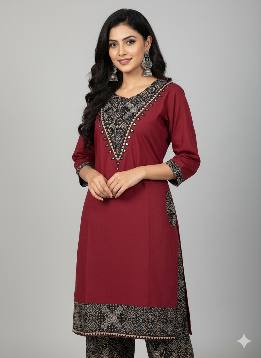 Beautiful Cotton Kurthi with V-Shaped Ajarak Prints in Yoke and in Sleeve Code-212