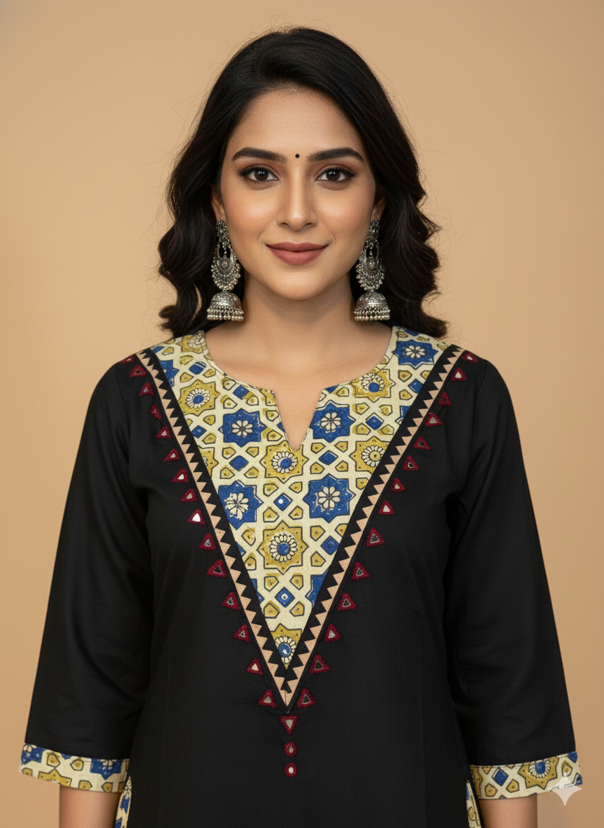 Beautiful Cotton Kurthi with V-Shaped Ajarak Prints in Yoke and in Sleeve Code-213